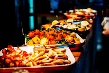 Warm and diverse conference dinner buffet served at the binding.energy nuclear event, offering quality catering for business networking and informal exchange